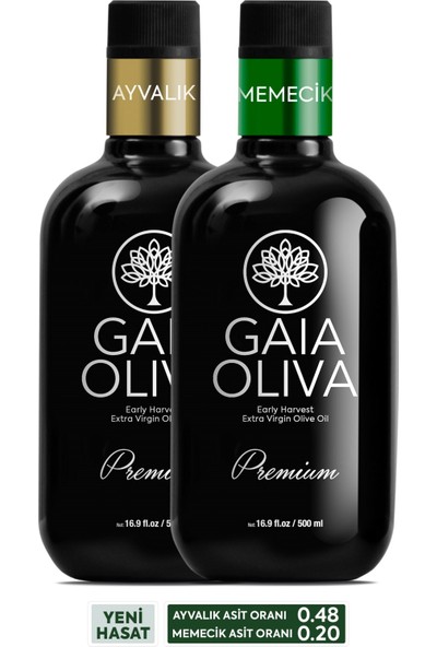 Gaia Oliva 2li-Premium Ayvalık ve Memecik 500 ml Erken Hasat Natürel Sızma Zeytinyağı (Yeni Hasat)