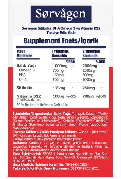 Sorvagen Smart Sitikolin, Dha Omega 3 Ve B12 (30 Kapsül) Norveç Balık Yağı
