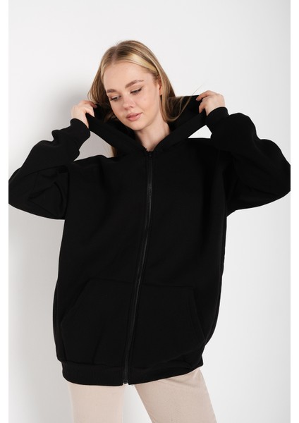Kadın Siyah Oversize Fermuarlı Hırka