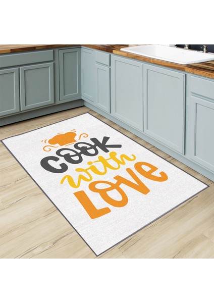 Şapka Desenli Cook With Love Sloganlı Bej Modern Dekoratif Mutfak Halısı KG2080