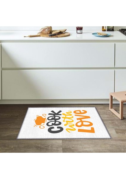 Şapka Desenli Cook With Love Sloganlı Bej Modern Dekoratif Mutfak Halısı KG2080