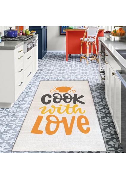 Şapka Desenli Cook With Love Sloganlı Bej Modern Dekoratif Mutfak Halısı KG2080