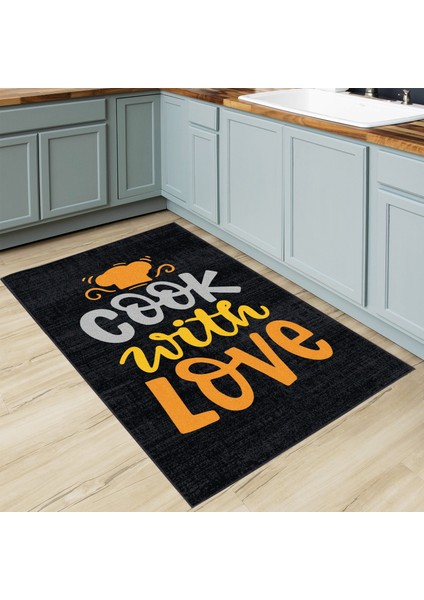 Şapka Desenli Cook With Love Sloganlı Siyah Modern Dekoratif Mutfak Halısı KG2081