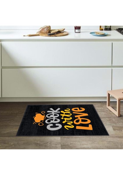 Şapka Desenli Cook With Love Sloganlı Siyah Modern Dekoratif Mutfak Halısı KG2081