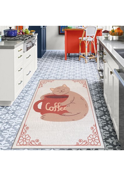 Kedi Desenli Coffee Sloganlı Beyaz Modern Dekoratif Mutfak Halısı KG2084