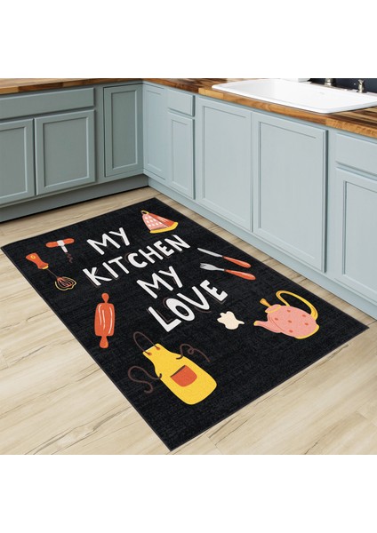 Önlük Çaydanlık Mikser Desenli Kitchen Love Sloganlı Siyah Modern Dekoratif Mutfak Halısı KG2090