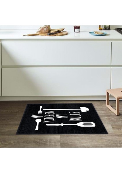 Çatal Bıçak Desenli Kitchen Rules Sloganlı Modern Dekoratif Mutfak Halısı KG2091