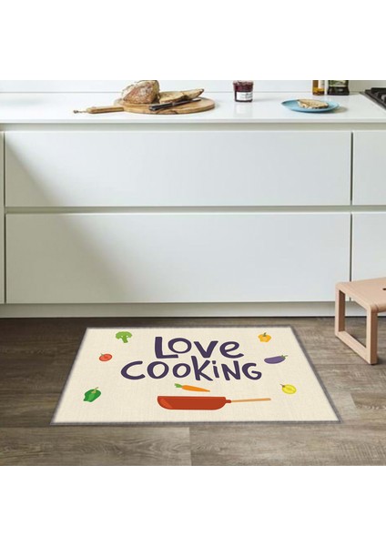 Tava Biber Patlıcan Desenli Love Cooking Sloganlı Modern Dekoratif Mutfak Halısı KG2095