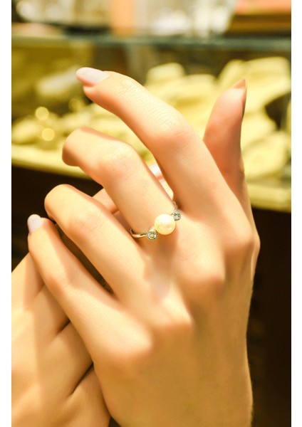 Yanları Taşlı Inci Yüzük 14 Ayar ATS4991