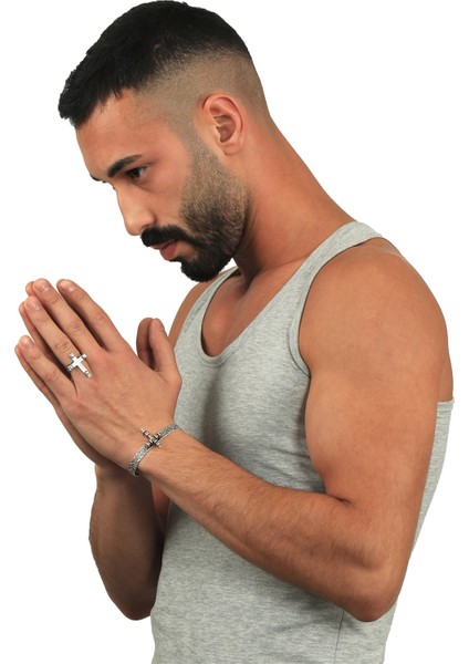 Erkek Antik Gümüş Kaplama Ayarlanabilir Haç Figürlü Yüzük & Açık Band Bileklik Set fırsatları