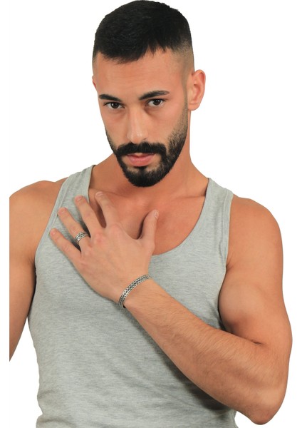 Erkek Antik Gümüş Kaplama Ayarlanabilir Kabartma Dolulu Halka Zincir Yüzük & Açık Band Bileklik Set fırsatları
