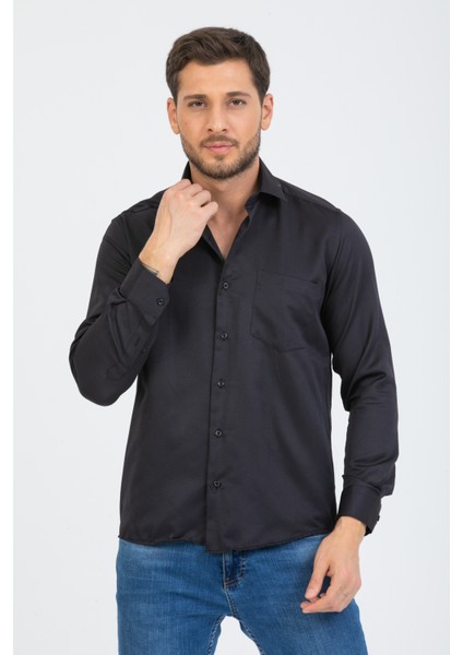 Erkek Siyah Klasik Kesim Desenli Cepli Uzun Kol Gömlek