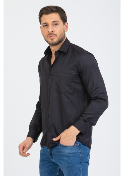 Erkek Siyah Klasik Kesim Desenli Cepli Uzun Kol Gömlek fırsatları