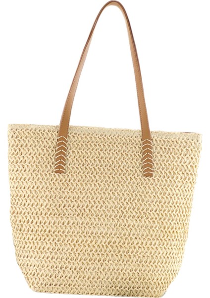 Kadın Straw Bag Alışveriş Seyahat Çantası Yaz Lady Çanta Tatil Günlük Bej