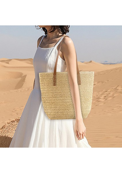 Kadın Straw Bag Alışveriş Seyahat Çantası Yaz Lady Çanta Tatil Günlük Bej