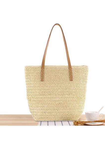 Kadın Straw Bag Alışveriş Seyahat Çantası Yaz Lady Çanta Tatil Günlük Bej