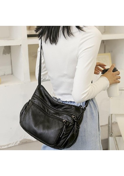 Şık Crossbody Çanta Totes Ayarlanabilir Kayış Iş Pu Deri Omuz Çantası B-BLACK-26X10X20CM