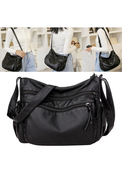 Şık Crossbody Çanta Totes Ayarlanabilir Kayış Iş Pu Deri Omuz Çantası B-BLACK-26X10X20CM