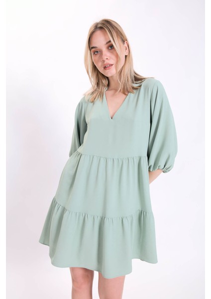 V Yaka Balon Kol Geniş Kesim Elbise