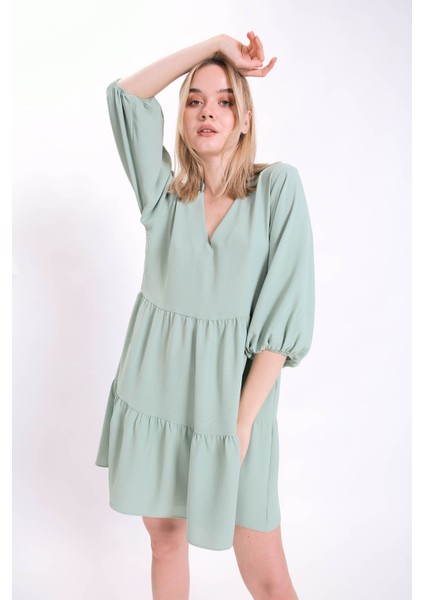 V Yaka Balon Kol Geniş Kesim Elbise modelleri