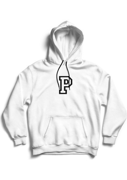 The Baski Beyaz P Harfi Baskılı Kanguru Cepli Kapüşonlu 3 Iplik %100 Pamuklu Sweatshirt