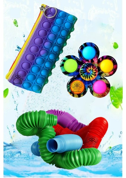 Pop It Push Bubble Fidget Oyuncak Kalemlik Kalem Kutu Popit Stres Çarkı Popit ve Pop Tubes 3'lü Set