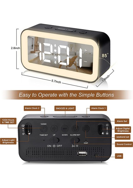 Dijital Çalar Saat, Ayarlanabilir Parlaklık Aynası Elektronik LED Saat, Yatak Odaları Için 12/24SA Erteleme Çalar Saatler (Siyah)