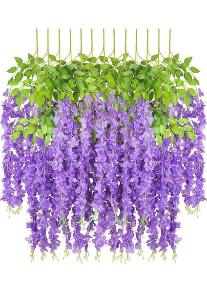 12 Parça Yapay Ipek Wisteria Çiçek Asılı Ipek Asma Rattan Sahte Çalı Çiçek Ev Partisi Için Düğün Bahçe Açık Yeşillik Dekorasyon 3.67 Feet (Mor)
