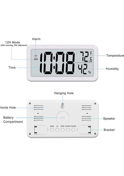 Dijital Çalar Saat, Masa Saati, Pille Çalışan LCD Elektronik Saat Yatak Odası Mutfak Ofisi Için Süslemeler - Beyaz