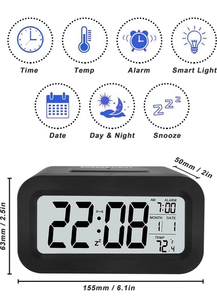 Şarj Edilebilir Çalar Saatler, Dijital Çalar Saatler Başucu Şebeke Akıllı Işık Sensörü ile Güçlendirilmiş, 12/24 Saat Tarih Siyah