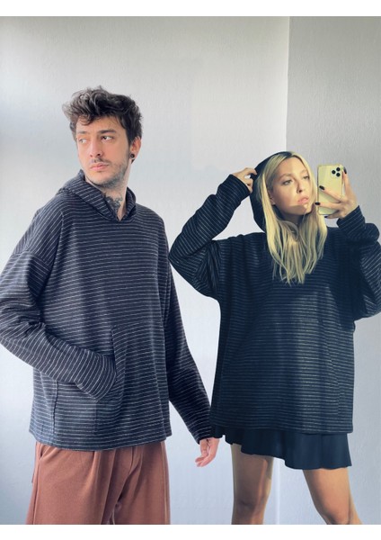Polarlı Kalın Kışlık Oversize Kapüşonlu Sweatshirt Unisex Siyah