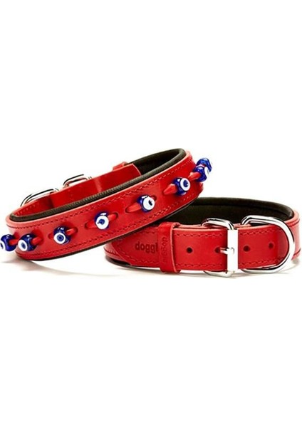 Comfort Deri Nazar Boncuklu Köpek Boyun Tasması Medium Kırmızı 3X42-50 cm