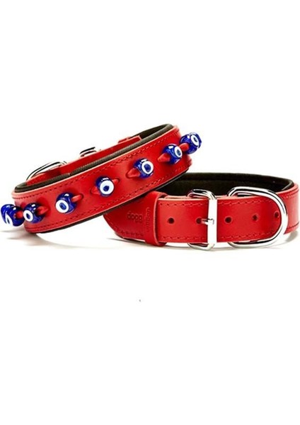 Comfort Deri Nazar Boncuklu Köpek Boyun Tasması Medium Kırmızı 3.5X47-55 cm