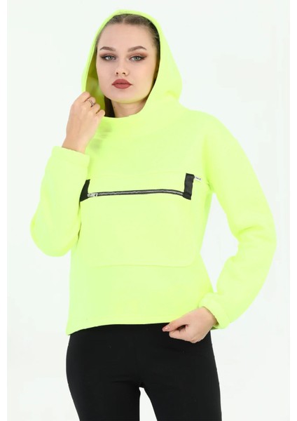 Kapüşonlu Kadın Neon Sarı Sweatshirt