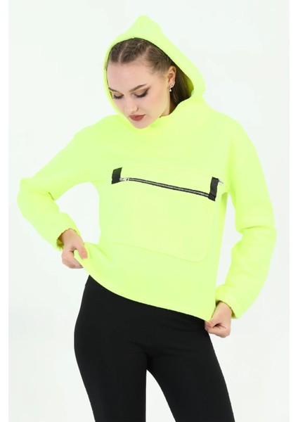 Kapüşonlu Kadın Neon Sarı Sweatshirt