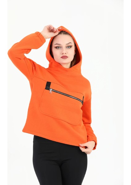 Kapüşonlu Kadın Kiremit Sweatshirt