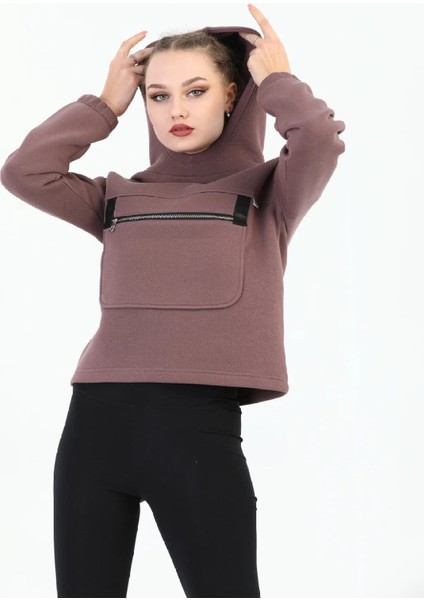 Kapüşonlu Kadın Kahve Sweatshirt