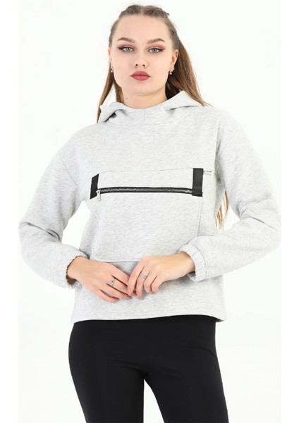 Kapüşonlu Kadın Gri Melanj Sweatshirt