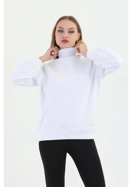 Organk Pamuklu Balıkçı Yaka Kadın Beyaz Sweatshirt