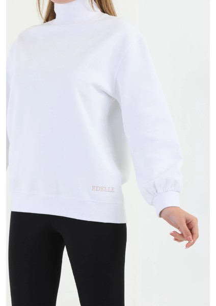 Organk Pamuklu Balıkçı Yaka Kadın Beyaz Sweatshirt