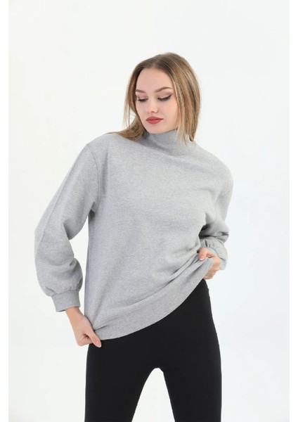 Organk Pamuklu Balıkçı Yaka Kadın Gri Melanj Sweatshirt