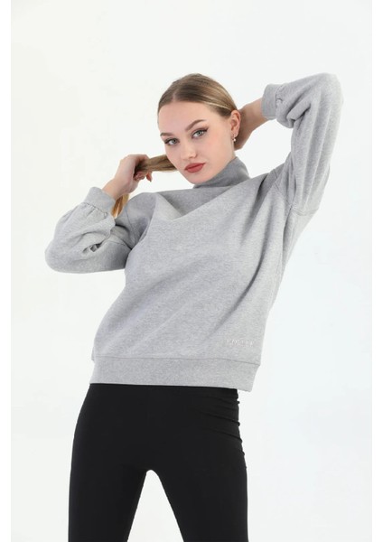 Organk Pamuklu Balıkçı Yaka Kadın Gri Melanj Sweatshirt