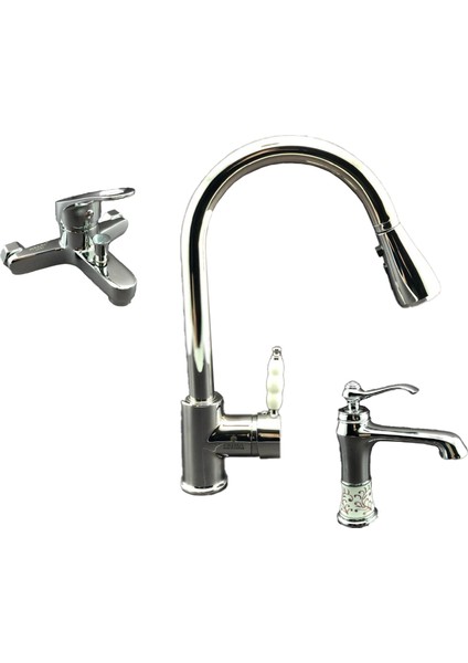 Endüstriyel Tip Mutfak Eviye Bataryası 3'lü Set Eviye- Lavabo- Banyo Bataryası