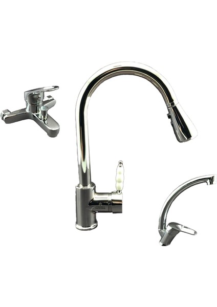 Endüstriyel Tipi Mutfak Eviye Bataryası - Banyo Bataryası - Lavabo Bataryası 3’lü Set. Krom Renk.