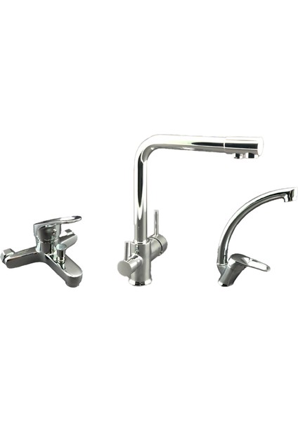 Arıtmalı Mutfak Eviye Bataryası - Banyo Bataryası - Lavabo Bataryası 3’lü Set Krom Renk