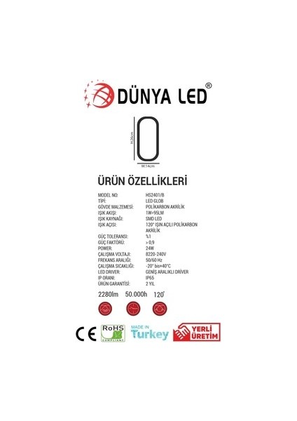 Dünya LED HS.2401/1-B 24W Beyaz LED Glob Armatür 6500K Beyaz Işık