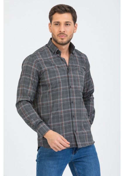 Erkek Füme Uzun Kol Kareli Cepli Yaka Düğmeli Gömlek
