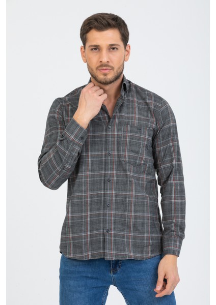 Erkek Füme Uzun Kol Kareli Cepli Yaka Düğmeli Gömlek fiyatları