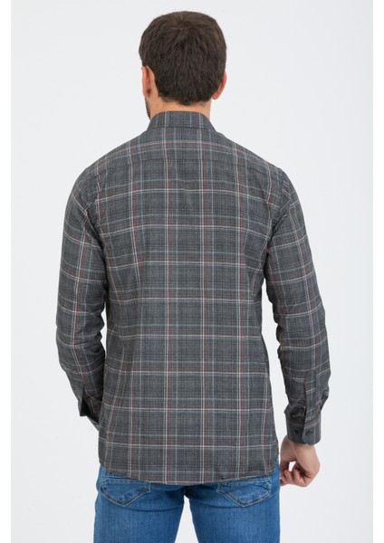 Erkek Füme Uzun Kol Kareli Cepli Yaka Düğmeli Gömlek modelleri