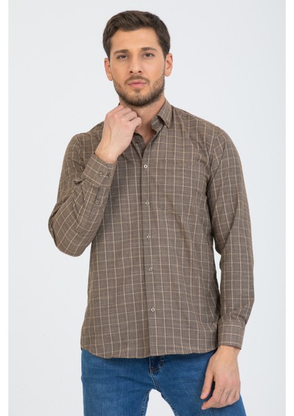 Erkek Kahverengi Kareli Uzun Kol Cepli Yaka Düğmeli Gömlek